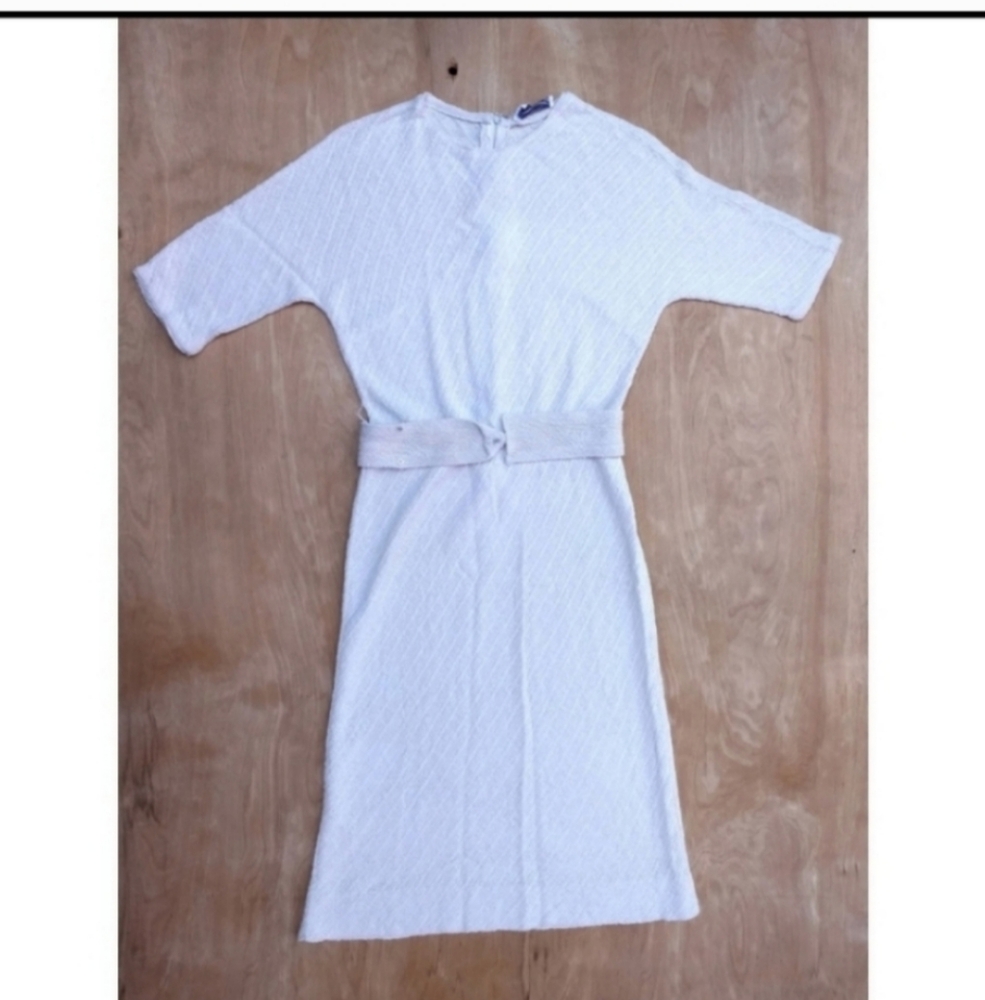 Vintage Tannel Knits shirt sleeve crew neck ivory cream midi sheath dress xs